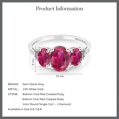Vista 4 de Gem Stone King Anillo de compromiso ovalado de oro blanco de 10 quilates con diamantes y rubí creado con 3 piedras para mujer (2.20 qttw)