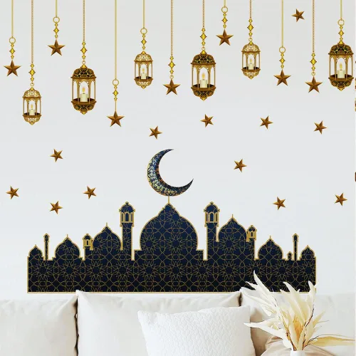 Vista 3 de Calcomanías de decoración de pared de Ramadán, calcomanías de pared musulmanas islámicas Eid Mubarak Ramadán, farol, luna, estrella, ventana