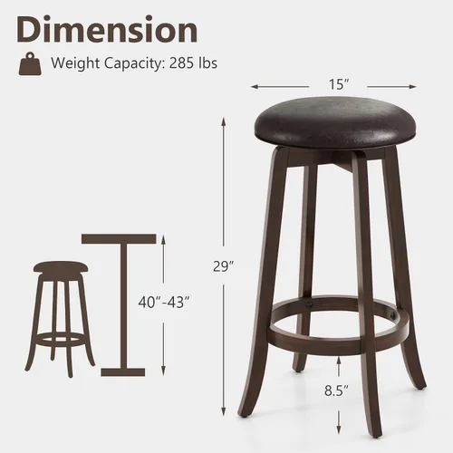 Vista 3 de COSTWAY Juego de 2 taburetes de bar giratorios de 29 pulgadas, taburetes de bar tapizados con asiento de piel sintética y patas de madera de goma