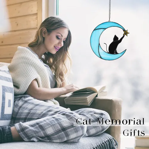 Vista 2 de Gato en luna con vitral, estrella para colgar en la ventana, decoración de regalo conmemorativo para mujeres (gato negro sobre luna azul)