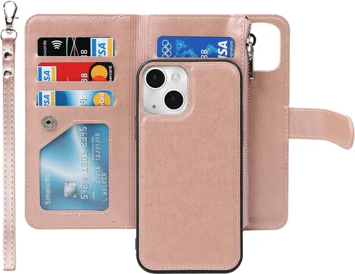 Vista 13 de iCoverCase Compatible con iPhone 13 - Funda tipo cartera para teléfono con tarjetero, piel sintética, bolsillo con cremallera, magnética