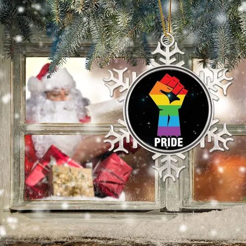 Vista 6 de Adorno de Navidad de metal gay con copo de nieve de metal, orgullo de la paz, adornos de Navidad LGBTQ con derechos de igualdad, decoraciones