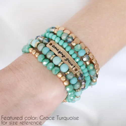 Vista 2 de RIAH FASHION Pulseras inspiradoras apilables con cuentas multicapa, piedra natural, hilo elástico drusa, brazalete de oración con cruz cristiana