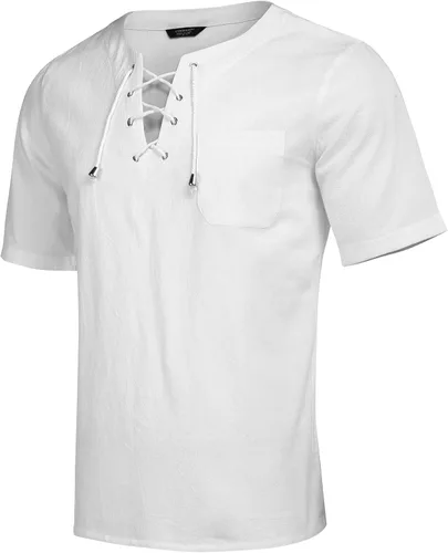 Vista 3 de COOFANDY Camiseta casual de lino de algodón para hombre manga corta con cordones para la playa