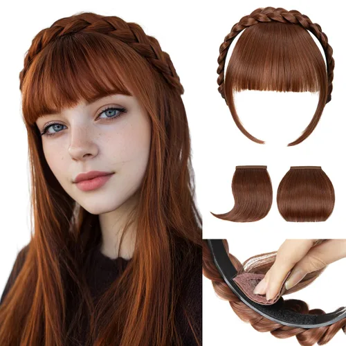Vista 16 de SARLA Diadema trenzada con 3 flequillos desmontables con clips, extensiones de cabello con flequillo para mujer, banda de cabello sintética falsa