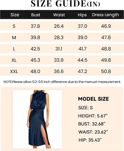 Vista 6 de PRETTYGARDEN Vestido formal de satén sin mangas con cuello alto falso para mujer, cintura elástica, abertura por debajo de la rodilla, vestidos