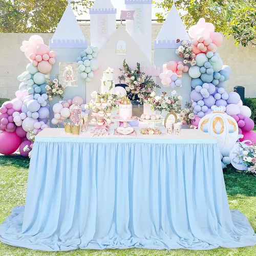 Vista 2 de QueenDream Falda de mesa de gasa azul bebé de 6 pies para mesa rectangular, mantel transparente para baby shower, boda, cumpleaños, fiesta temática