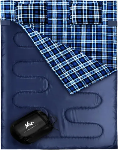 Vista 6 de Saco de dormir doble de franela para adultos y niños, tamaño Queen para 2 personas con 2 almohadas, saco de dormir para clima cálido y frío