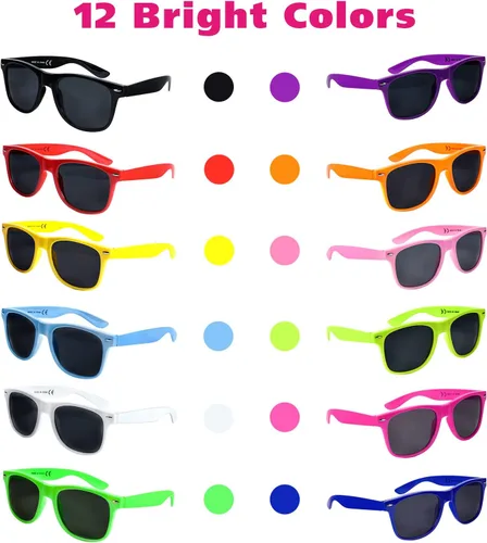 Vista 4 de Paquete de 48 lentes de sol de neón de 12 colores, recuerdos de fiesta, estilo retro de los años 80, juego perfecto de gafas de sol coloridas