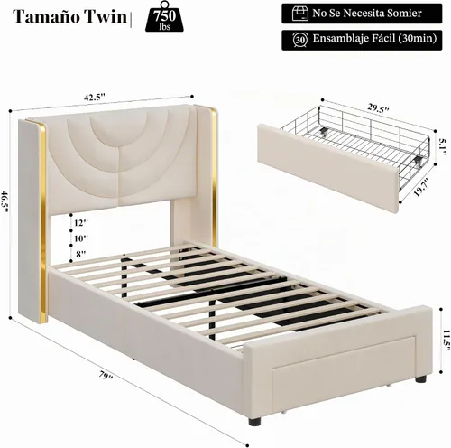 Vista 2 de HITHOS - Base de cama tapizada tamaño individual, cabecera de almacenamiento LED, color beige Velvet Bedframe with Storage Drawers, Wingback with