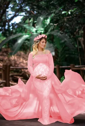 Vista 6 de ZIUMUDY Vestido de maternidad para sesión de fotos de manga larga con hombros descubiertos, vestido de encaje ajustado con capa larga de gasa trian