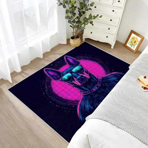 Vista 4 de Alfombras de neón para sala de juegos, alfombra de 2 x 3, alfombra de área Doberman, alfombra retro Cyberpunk lavable antideslizante, alfombra