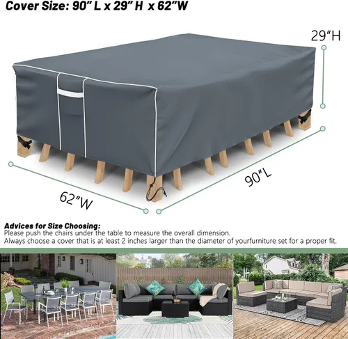 Vista 2 de Funda para mesa de patio, impermeable, rectangular, resistente 500D, protección para todo tipo de clima, para muebles de exterior, 90 pulgadas