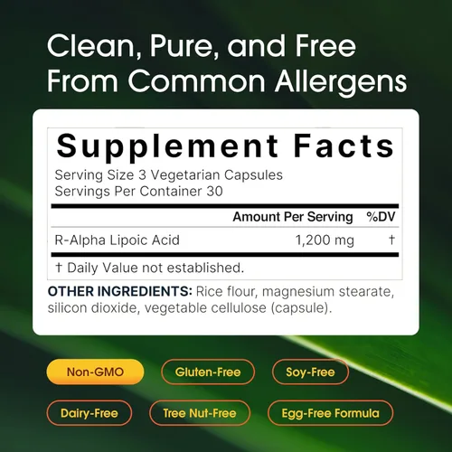 Vista 3 de NatureBell Ácido R-Alfa Lipoico, 1,200mg, 90 Cápsulas Vegetarianas Solo R-ALA Puro Estabilizado Alta Absorción y Soporte Antioxidante Sin