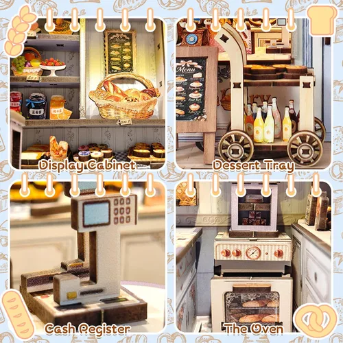 Vista 4 de Kit de construcción de casa en miniatura DIY, kit de rincón de lectura de panadería, rompecabezas de madera en 3D para estanterías, kit de casa