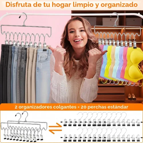 Vista 6 de Perchas para pantalones que ahorran espacio con clips, organizadores de armario y almacenamiento, 20 clips de goma antideslizantes, organizador