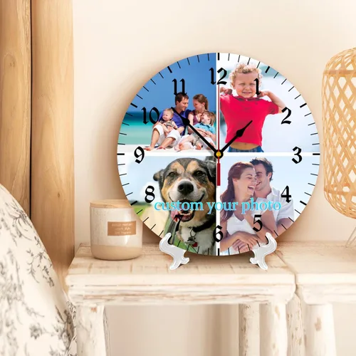 Vista 5 de Reloj de pared personalizado, reloj personalizado con texto de 4 imágenes, reloj de fotos silencioso redondo personalizado de PVC, regalos