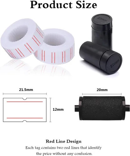 Vista 6 de hatisan Etiquetas de pistola de precio, 10 rollos x 5000 piezas blancas, compatibles con Mx-5500, 3 rodillos de tinta, líneas rojas dobles, 500