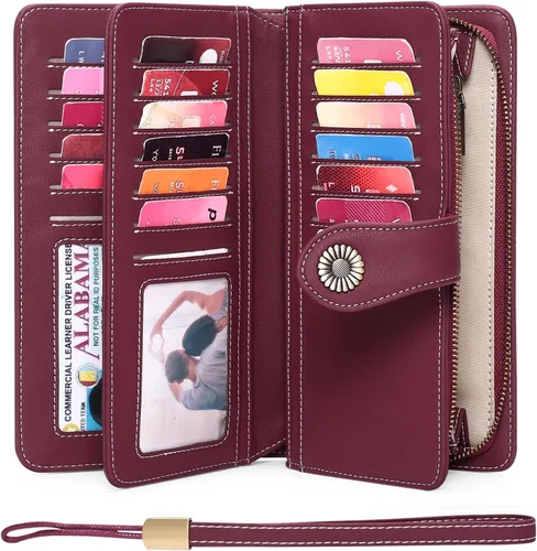 Vista 2 de FALAN MULE Cartera de cuero para mujer, de gran capacidad, bifold, con bloqueo RFID, tarjetero con bolsillo para monedas con cremallera