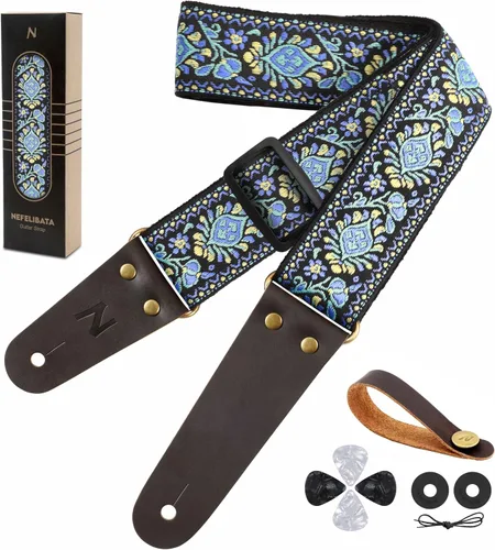 Vista 24 de Nefelibata Correa de guitarra, correas de guitarra de algodón bordadas con extremos de cuero de vaca para bajo, guitarras eléctricas y acústicas