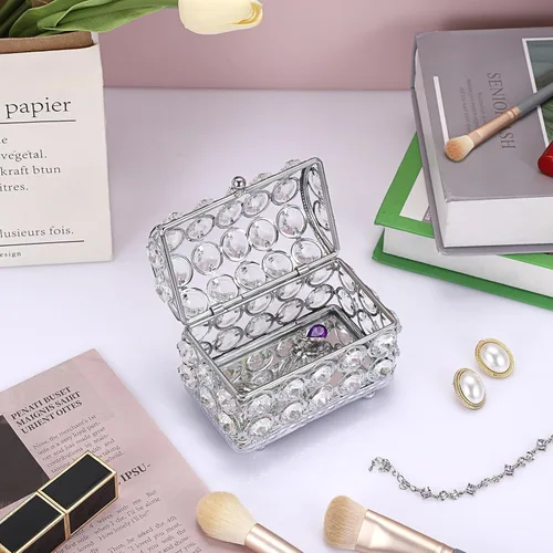 Vista 3 de Hipiwe Caja de joyería de cristal con espejo plateado para cofre del tesoro, pequeña caja de recuerdos, vitrina decorativa para joyas, organizador