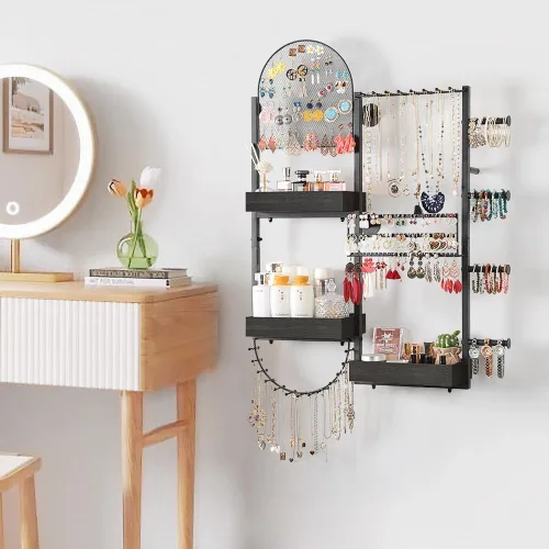 Vista 7 de Keebofly Organizador de joyas colgante de montaje en pared, soporte de exhibición grande para aretes, anillos, collares, pulseras, relojes y Negro