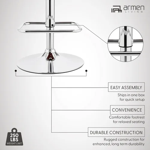 Vista 13 de Armen Living London Taburete de bar moderno giratorio de altura ajustable de piel sintética gris y madera de nogal con base cromada para encimera