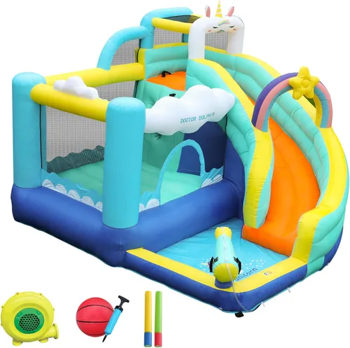 Vista 11 de Doctor Dolphin Casa inflable de rebote de agua, casa inflable para niños grandes, tobogán acuático para patio trasero, parque acuático inflable