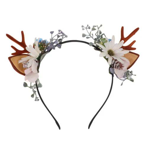 Vista 10 de Lurrose Diadema de Navidad con cuernos de ciervo, corona de bayas y flores, diadema de Navidad, boho, tocado para fiesta para mujer