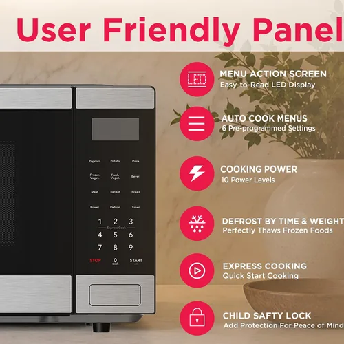 Vista 3 de Microondas Frigidaire de 0.9 pies cúbicos, panel de control digital - Configuraciones de cocción automática - Bloqueo de seguridad para niños