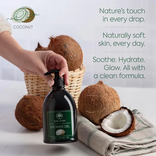 Vista 2 de GAIA Oliva Gel de ducha de aceite de oliva – Gel de ducha natural con coco, gel corporal hidratante e hidratante para mujeres y hombres, gel de baño