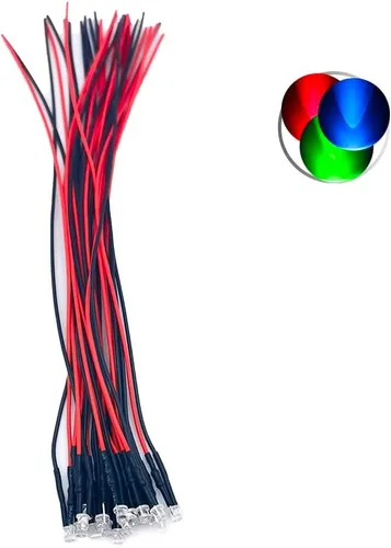 Vista 25 de 30 piezas de luces LED de 12 voltios de 3mm con parte superior plana verde, diodos emisores de luz precableados, lente de agua transparente de 7.9