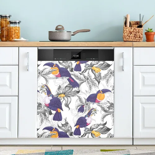 Vista 4 de Cubierta magnética decorativa para lavavajillas, diseño de pájaro tucán Índigo y Gris 29
