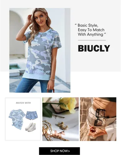 Vista 5 de Biucly Camiseta de manga corta con cuello redondo para mujer