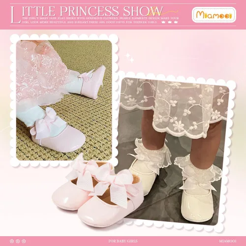 Vista 2 de Miamooi Zapatos de vestir de boda para bebés y niñas, zapatos de ballet con lazo de princesa Mary Jane, zapatos planos para primeros pasos, zapatos