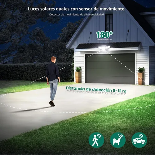 Vista 7 de Luces solares para exteriores, 6000 lm, 284 LED, doble sensor de movimiento, luces solares de 6 cabezales, luces de pared de seguridad, IP65