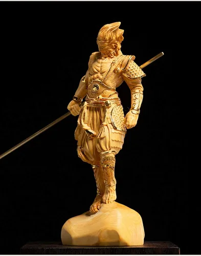 Vista 3 de Estatua de rey mono Wukong tallada en madera de boj natural (chapado en oro)