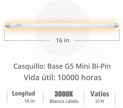 Vista 4 de Bombilla fluorescente F10T5/830, T5, 10 W, 3000 K, 16 pulgadas, paquete