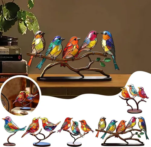 Vista 7 de Adornos de escritorio de pájaros en rama, acrílico manchado de doble cara, estatua multicolor de colibrí, escultura de pájaro de arte de metal