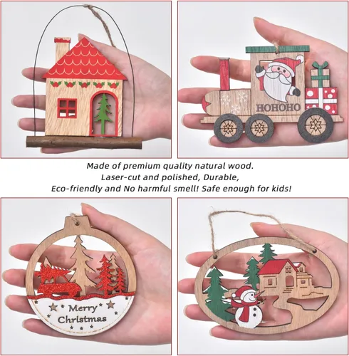 Vista 4 de IDATOO Adornos de Navidad, 12 piezas de decoraciones de árbol de Navidad de madera, juegos de adornos de Navidad rústicos de granja de estilo 3D