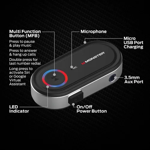 Vista 2 de Receptor de audio Bluetooth Monster, adaptador Bluetooth auxiliar con entrada de 3.5mm, llamadas manos libres, compatible con Siri y Google Voice