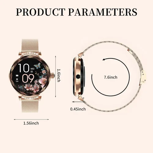 Vista 6 de Reloj inteligente para mujer Android/iOS, IP68, impermeable, con llamadas Bluetooth, recordatorio menstrual femenino (2 correas doradas)