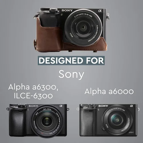 Vista 6 de MegaGear "Ever Ready" - Funda de piel para cámara, fácil de instalar, trípode y accesorio periférico, compatible con Sony Alpha A6000, A6300