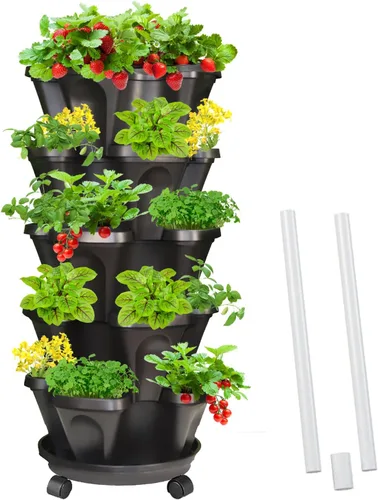 Vista 13 de Macetas verticales de fresa, paquete de 2 unidades, torre apilable de 5 niveles con poste de soporte, macetas apilables para hierbas y verduras