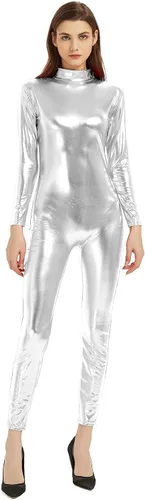 Vista 7 de Speerise - Unitardo, catsuit de manga larga para mujer, color metálico brillante