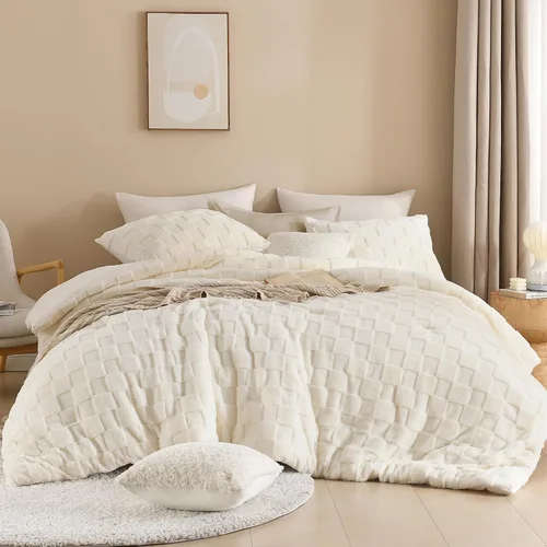 Vista 2 de Litanika - Juego de edredón esponjoso tamaño individual color beige, 3 piezas, ropa de cama de sherpa de felpa cálida para invierno, juego de cama