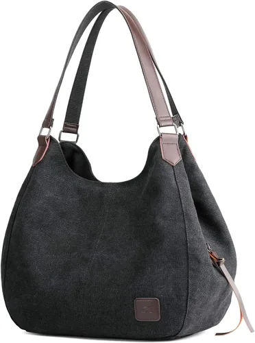 Vista 9 de Dourr Bolso para hombro para mujer, con múltiples bolsillos, bolso de mano moderno de lona de algodón