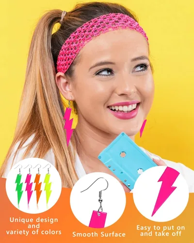 Vista 4 de 4 pares de aretes de neón de los años 80, color caramelo, acrílico, neón, rayo, aretes colgantes para mujer, aretes colgantes retro coloridos