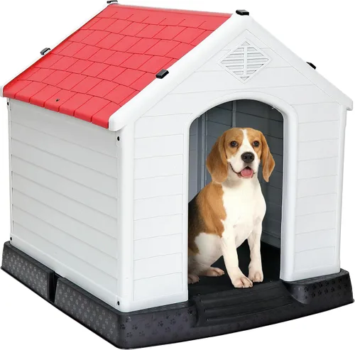 Vista 11 de Casa de plástico resistente al agua para perros pequeños a grandes, refugio para cachorros de interior con rejillas de ventilación y piso elevado
