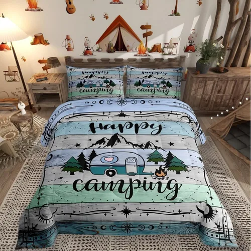 Vista 21 de Erosebridal Juego de edredón de cabaña de cabaña, juego de ropa de cama individual para niños, edredón de campamento con temática de campamento